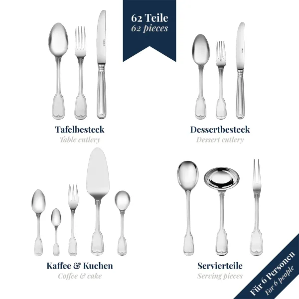 62-tlg. Besteckset Augsburger Faden 18/10 Edelstahl Wilkens 020.18.620